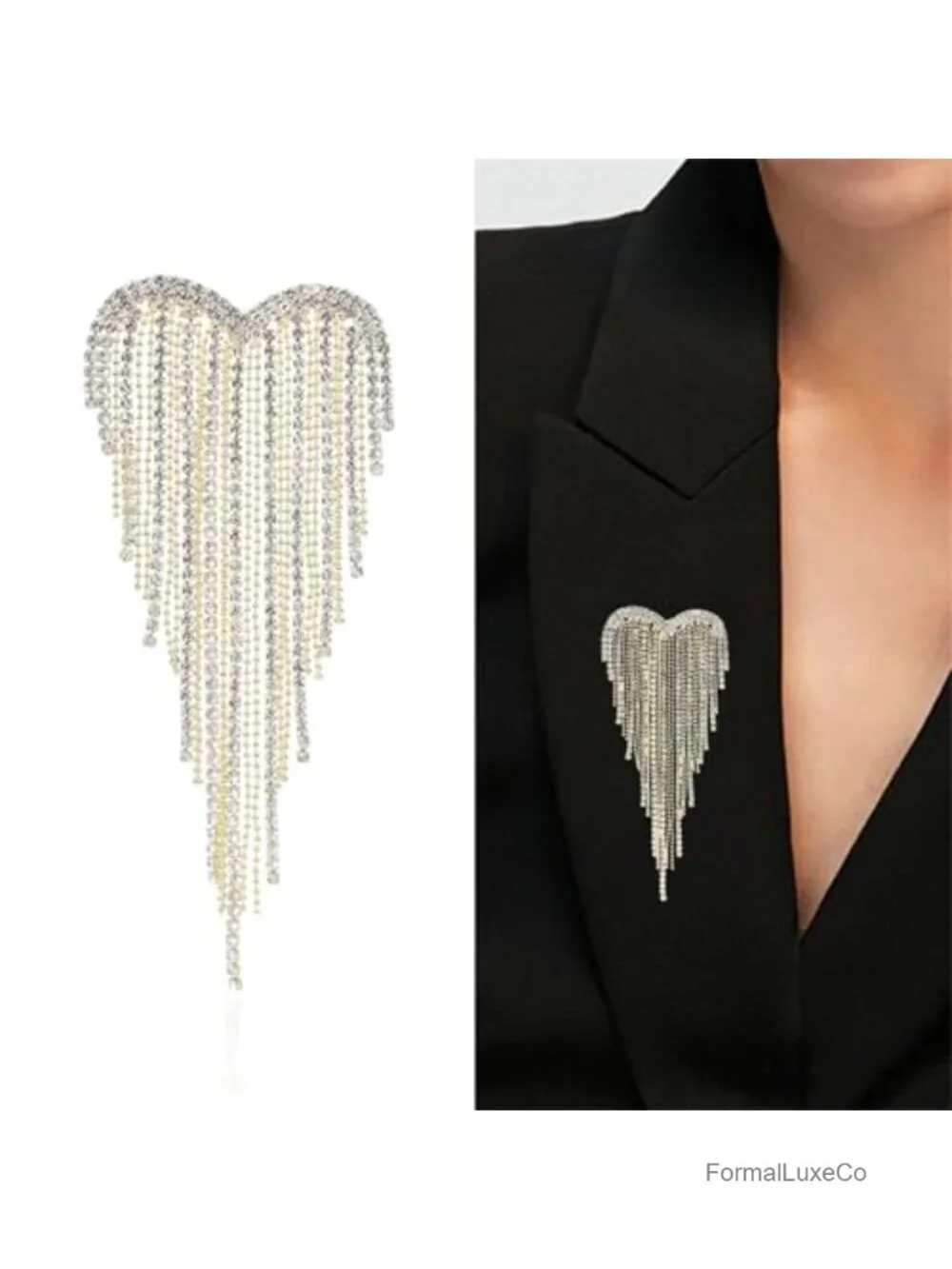 Elegant Red Heart Rhinestone Brooch Pin Women Vintage Crystal Tassel Dress